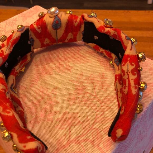 Lele Sadoughi Womens Faux Pearl Beads Crystal Knotted Headband Red Gold One Size